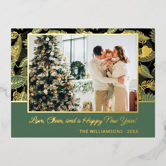 Eigen gouden en groene bosboombladeren Patroon Folie Feestdagen Briefkaart (Voorkant)