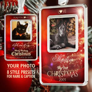Eigen huisdier foto aandenken kerstboom decoratie, verzilverd kader ornament