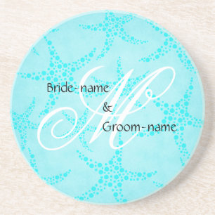 Eigen huwelijksmonogram Turquoise Starfish Zandsteen Onderzetter
