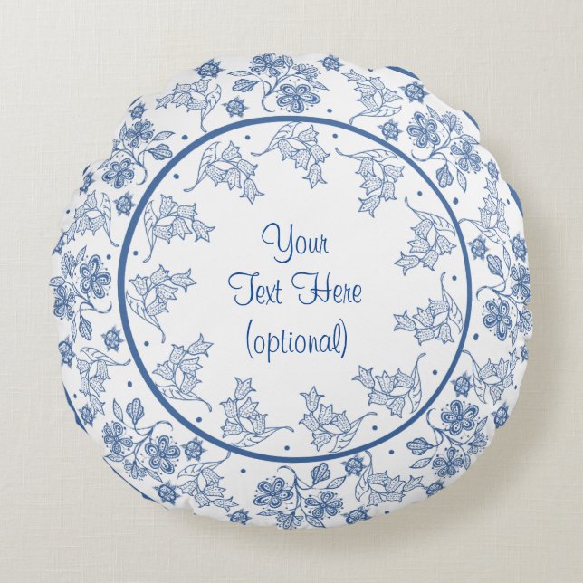 Eigen Indigo Blue en White Floral Border Rond Kussen (Voorkant)