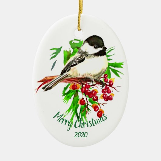 Eigen kerstcichorei Bird Red Berries Keramisch Ornament (Voorkant)