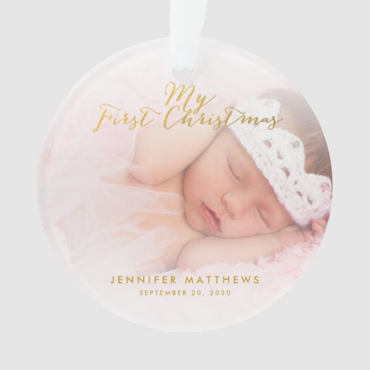 Eigen kerstfoto voor Baby Girl Gold Script Ornament (voorkant)