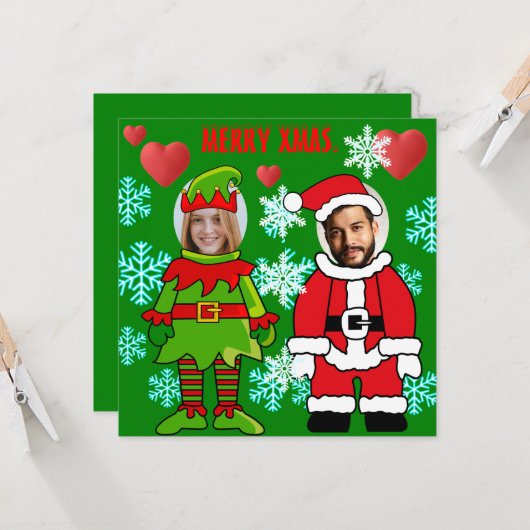 Eigen kerstgezicht uitgesneden Santa en Elf Kaart (Voorkant / Achterkant in situ)