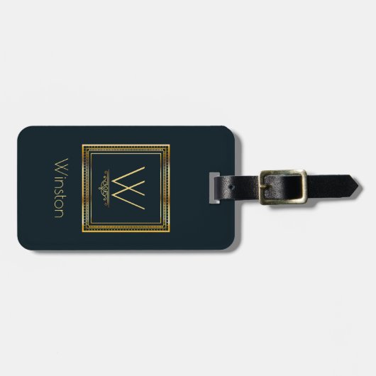 Eigen monogram Golden op donkerblauw Bagagelabel (Voorkant horizontaal)