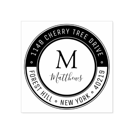 Eigen monogram stijlvol, achternaam en retouradres 	rubberstempel (Afrduk)