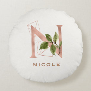 Eigen monogrammen Roos Gold Floral Initiaal N Rond Kussen