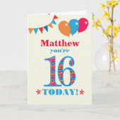 Eigen naam 16e Birthday Bunting Balloons Kaart (Gele Bloem)