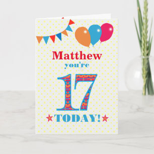 Eigen naam 17th Birthday Bunting Balloons Kaart