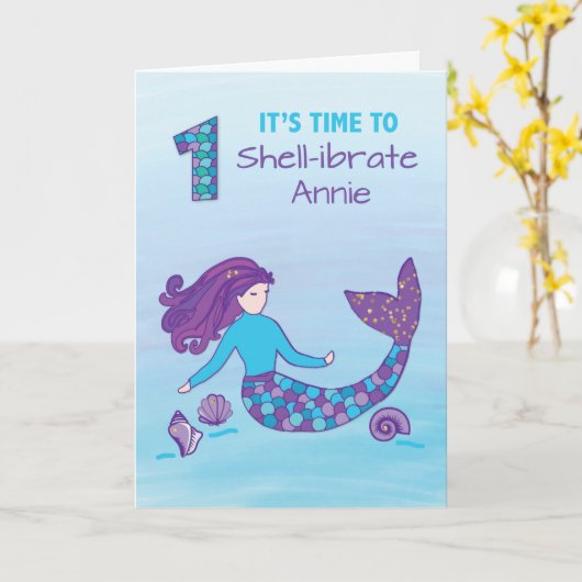 Eigen naam 1e verjaardag Sparkly look Mermaid Kaart (Gele Bloem)