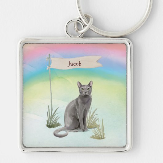 Eigen naam Blauw Russisch Kat Pet Sleutelhanger (Voorkant)