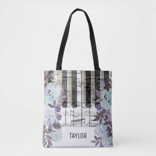 Eigen naam Blue Flowers muzieknoten Piano Draagtas