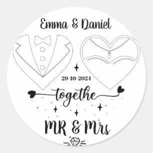 Eigen naam bruid en bruidegom modern penseelscript ronde sticker