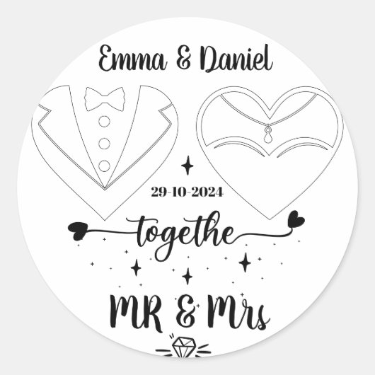 Eigen naam bruid en bruidegom modern penseelscript ronde sticker (Voorkant)