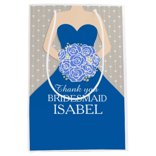 Eigen naam bruidsmeisje met blauwe tas medium cadeauzakje (Voorkant)