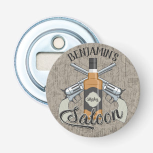 Eigen naam Cowboy Revolver Pistool Whiskey Saloon Button Flesopener