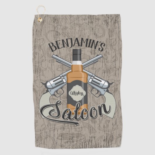Eigen naam Cowboy Revolver Pistool Whiskey Saloon Golfhanddoek (Voorkant)