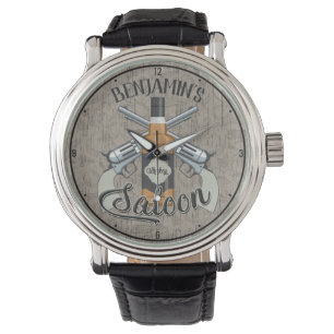 Eigen naam Cowboy Revolver Pistool Whiskey Saloon Horloge
