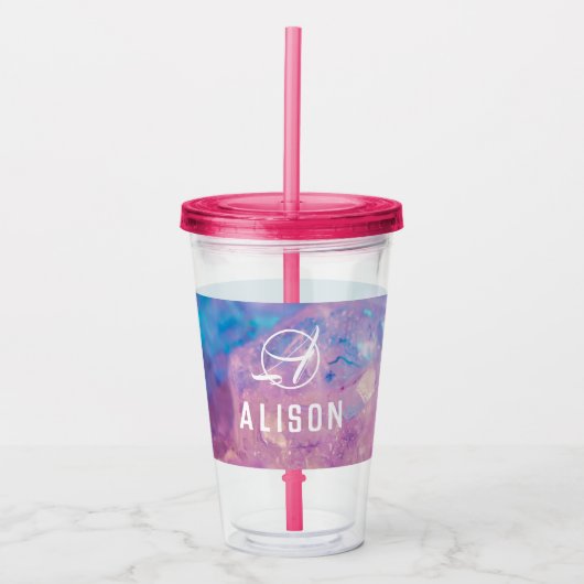 Eigen naam eenhoorntrommel met stro zonder minimum acryl drinkbeker (Voorkant)