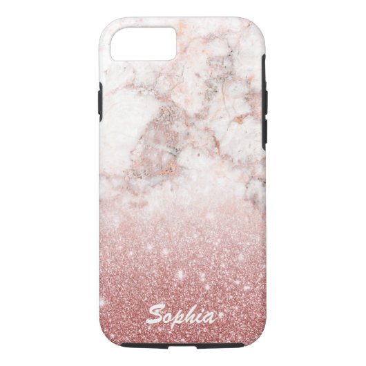 Eigen naam Faux Roos Gold Glitter White Marble Case-Mate iPhone Case (Achterkant)