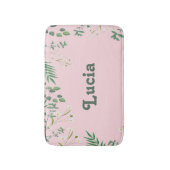 Eigen naam groene bladeren op roze badmat (Voorkant Verticaal)