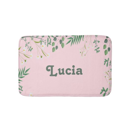 Eigen naam groene bladeren op roze badmat (Voorkant)