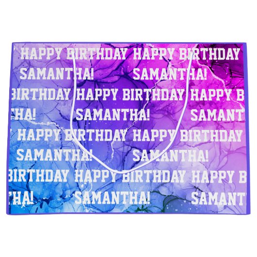 Eigen naam Happy Birthday Blue/Paars marble Groot Cadeauzakje (Voorkant)