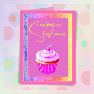 Eigen naam Happy Birthday Roze Cupcake Kaart