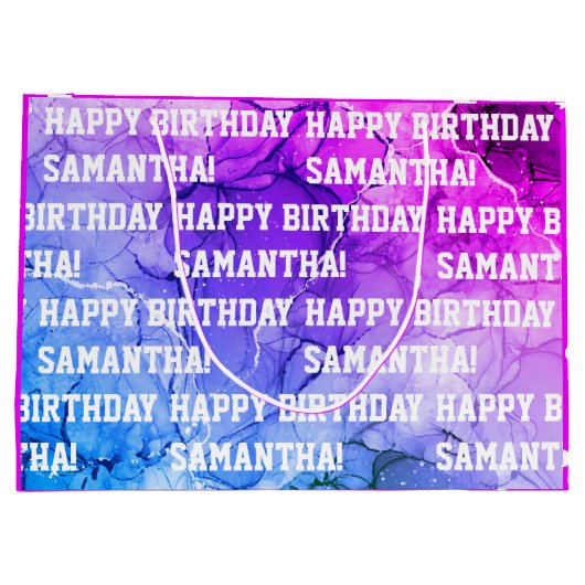 Eigen naam Happy Birthday roze/Paarse marmer Groot Cadeauzakje (Achterkant)
