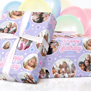 Eigen naam Leeftijd Foto Collage Birthday Star Paa Cadeaupapier
