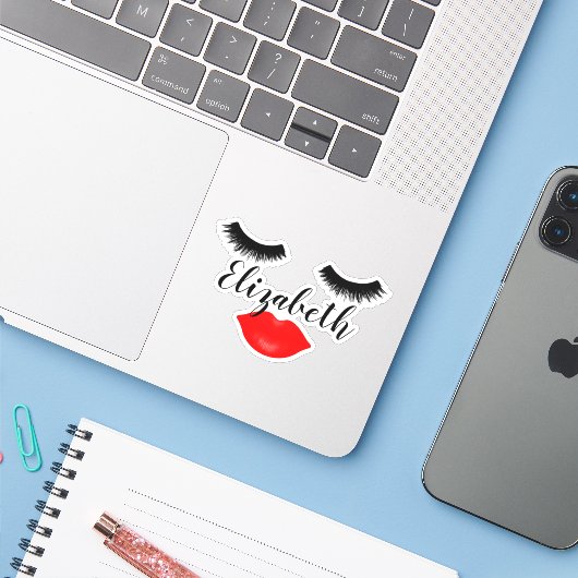 Eigen naam meisje Lips en Lashes Red Sticker (Laptop met iPhone)