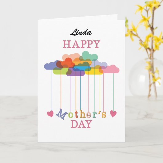Eigen naam Moederdag regenboogwolken, hart Kaart (Gele Bloem)