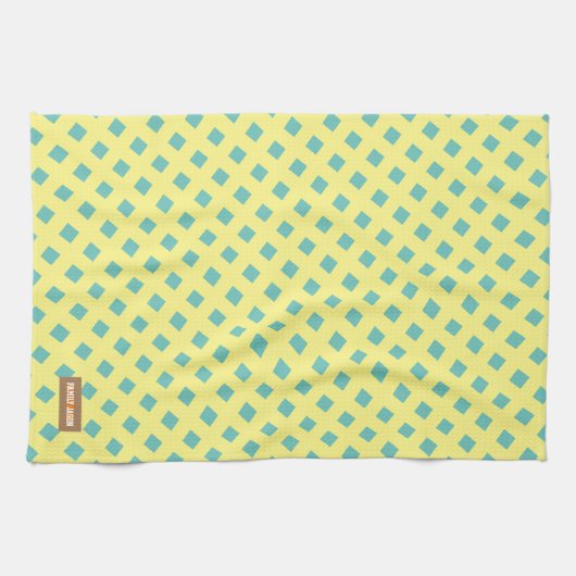 Eigen naam monogram modern patroon geel blauw theedoek (Horizontaal)