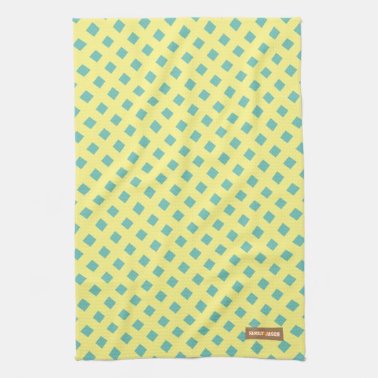 Eigen naam monogram modern patroon geel blauw theedoek (Verticaal)