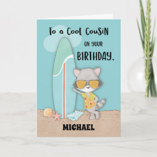 Eigen naam neef Birthday Beach Funny Raccoon Kaart