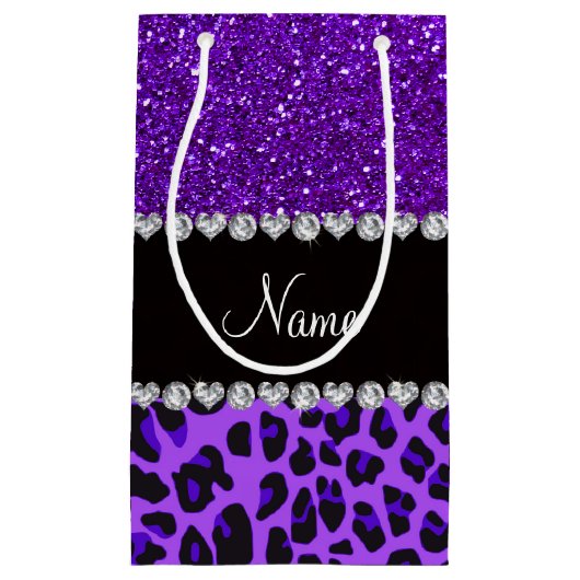 Eigen naam paarse leopard indigo paarse glitter klein cadeauzakje (Voorkant)