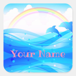 Eigen naam Rainbow Summer Magic Blue Dolphins Vierkante Sticker