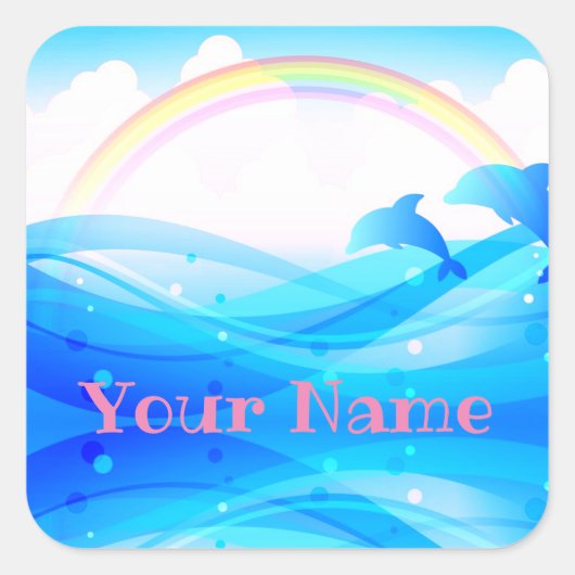 Eigen naam Rainbow Summer Magic Blue Dolphins Vierkante Sticker (Voorkant)
