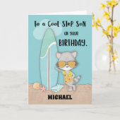 Eigen naam Stap Son Birthday Beach Funny Raccoon Kaart (Gele Bloem)
