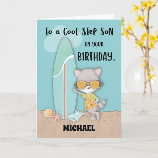 Eigen naam Stap Son Birthday Beach Funny Raccoon Kaart (Gele Bloem)