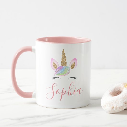 Eigen naam Unicorn Head Cute Pastel Rainbow Mok (Met donut)