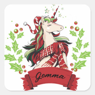 Eigen naam voor kerstmis unicorn vierkante sticker