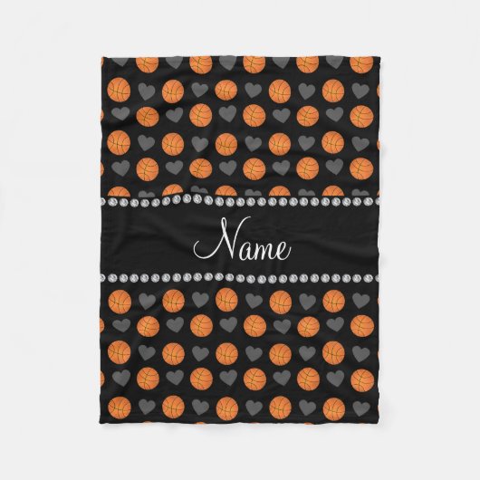 Eigen naam zwarte basketballen en harten fleece deken (Voorkant)