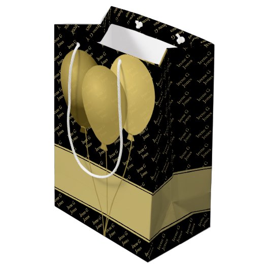 Eigen naampatroon - Gold/zwarte ballonnen Medium Cadeauzakje (Achterkant Gekanteld)