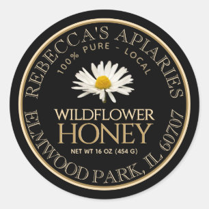 Eigen productlabel Wildflower Honey Black Daisy Ronde Sticker