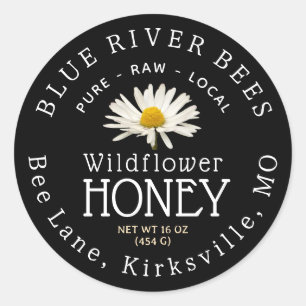 Eigen productlabel Wildflower Honey Black Daisy Ronde Sticker