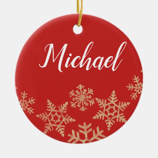 Eigen rode en goudnaam en datum met sneeuwvlokken keramisch ornament (Voorkant)