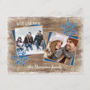 Eigen sneeuwvlokken en houten houten planken briefkaart