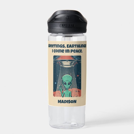 Eigen tekst en naam UFO Alien Waterfles (Achterkant)