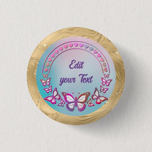 Eigen tekst, vlinders en hartenliefdesmonogram ronde button 3,2 cm (Voorkant)