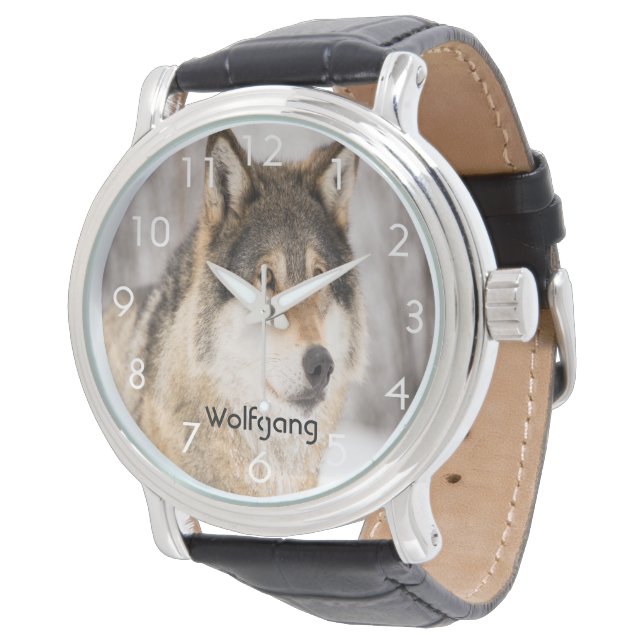 Eigen wolf in het gezicht van een winterbos horloge (Gekanteld)